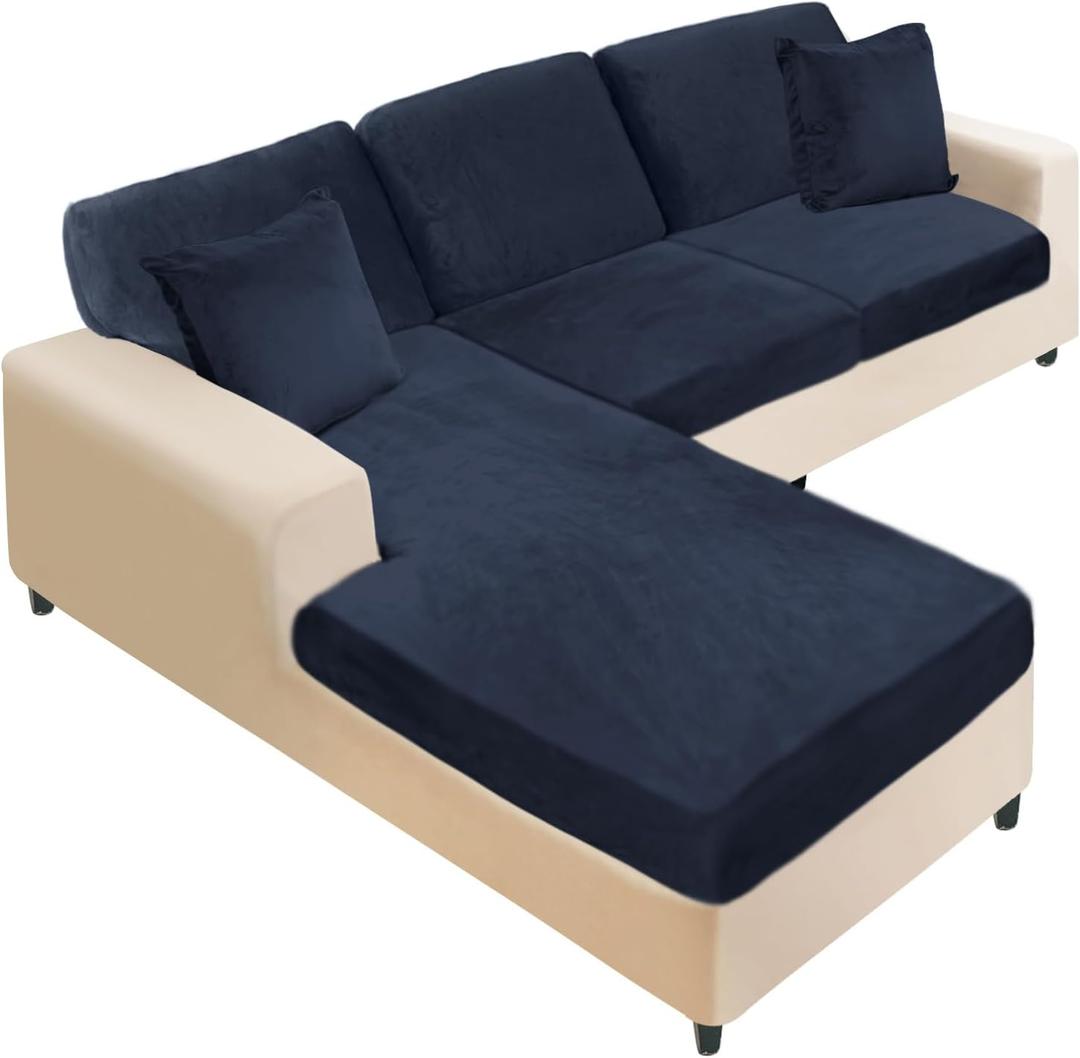 NAISI Sectional Couch Covers 6 Pieces Velvet Couch Cushion Covers L Shape Soft Stretch Sofa Slipcovers with 2pcs Pillowcases for Left/Right Chaise Sectional Couch(2 Seater+1 Chaise+3 Back,Navy)