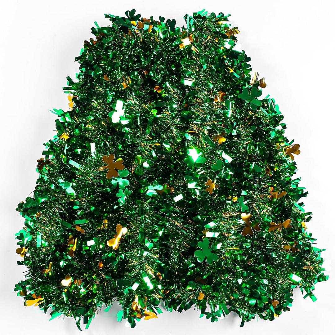 2 x 33 Ft Green St. Patrick's Day Tinsel Garland with Good Luck Green Golden Shamrock Clover for Party Decoration Supply
