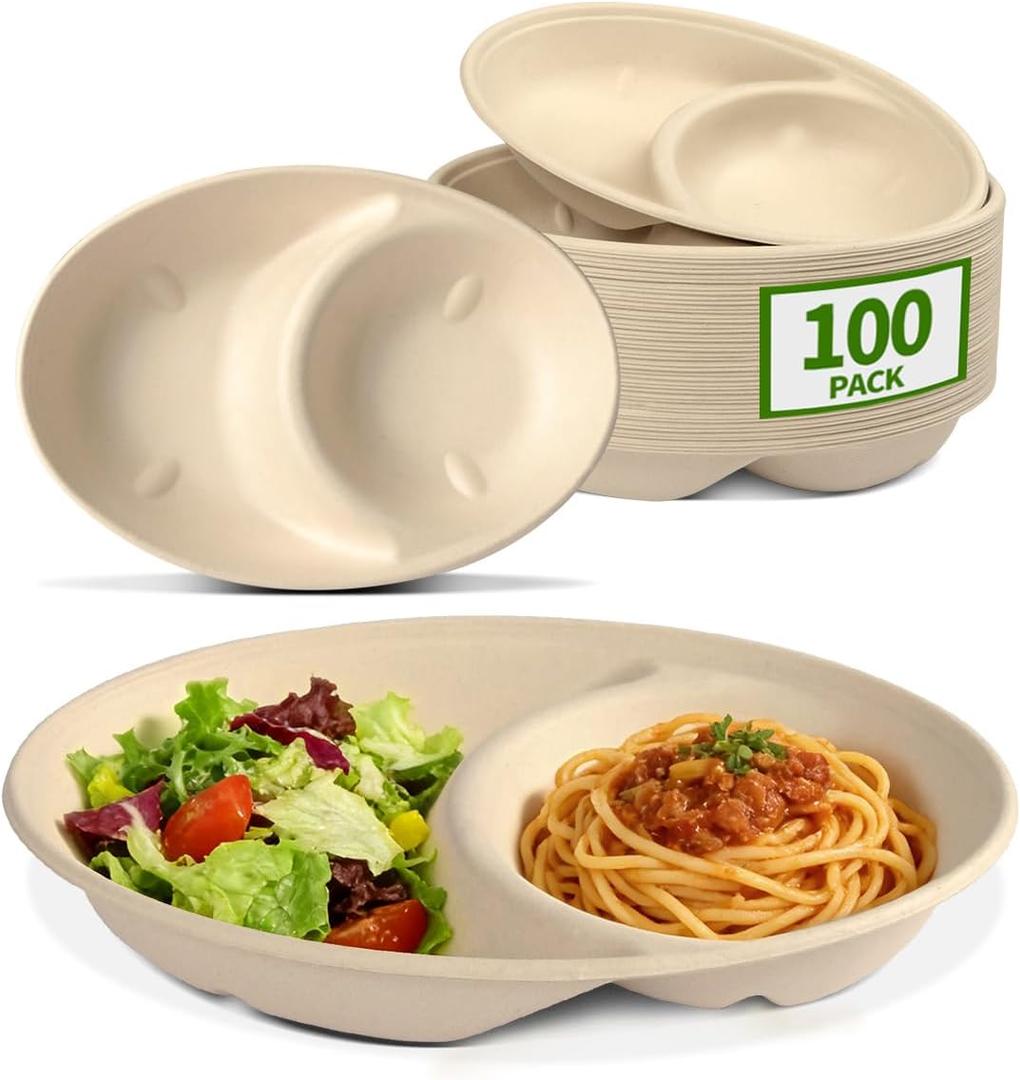 2 Compartment Bowls Disposable 100 Pack, Chip and Dip Bowl Disposable Divided Bowls for Chips and Salsa Serving