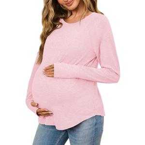 Yousify Womens Maternity Shirts Long Sleeve Round Neck Tops Pregnancy Clothes Loose Fit Casual Blouses with Thumb Holes (Pink, XL)