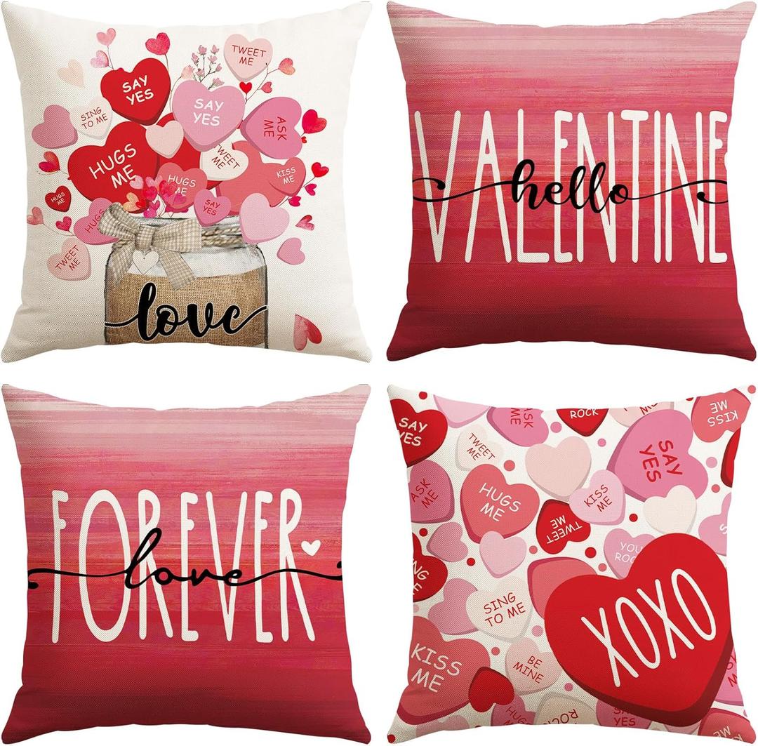 Artscope Valentine's Day Love Forever Throw Pillow Covers 18x18 Inch Set of 4, Valentine Wedding Red Pink Love Heart Decoration Pillow Cases for Home Sofa Couch
