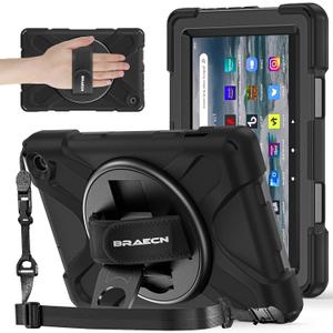 BRAECNstock for Amazon Fire 7 Tablet Case (12th Generation 2022 Release) 7" Shockproof Protective Kids Case with [Rotating Hand Strap] & Stand, Pen Holder, Shoulder Strap, Black