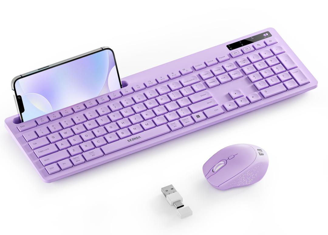 Wireless Keyboard and Mouse for MacBook, seenda FullSize Wireless Keyboard with Phone Holder, 2.4G USB A & Type C Receiver, Compatible for Mac, MacBook/Air/Pro Windows Computer/Desktop/Laptop, Purple