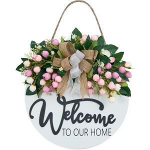 Spring Summer Welcome Wreaths for Front Door, Wood Door Hanger, Floral Porch Decor, Wall Plaque, Pink Flower Wreath, Farmhouse White Welcome Sign for Front Door
