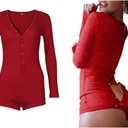 Roselux Women's Sexy Deep V Neck Shorts Long Sleeve Knitted One Piece Bodysuit Sexy Pajama Onesie Bodycon Rompers Overall (Medium, F-back Flap-wine Red2)