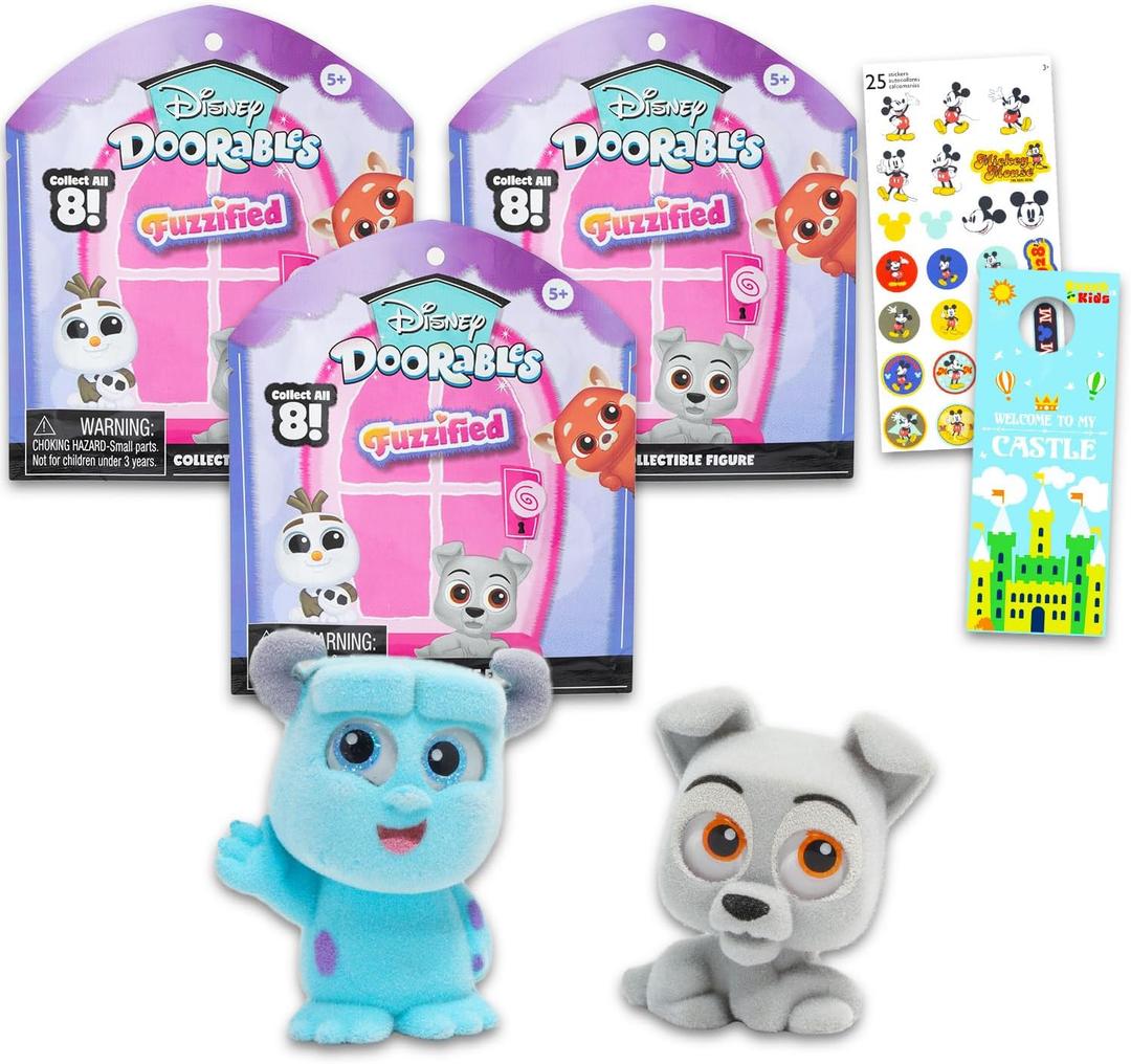 Disney Doorables Blind Bags Set - Bundle with 3 Disney Fuzzified Doorables Mini Figures for Kids, Adults Plus Stickers | Disney Doorables Exclusive Flocked Figures Series