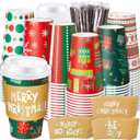 120 Sets Christmas Coffee Cups with Lids and Sleeves Stirrers Christmas Disposable Hot chocolate Cocoa Paper Cups for Xmas holiday Beverage Party Supplies (16 Oz)