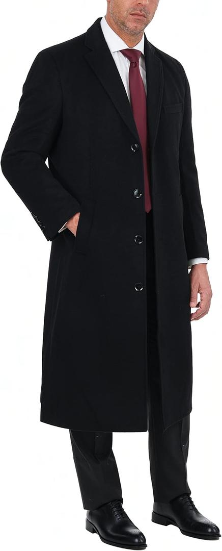 THE SUIT DEPOT Mens Single Breasted Wool Cashmere Full Length Overcoat (42, Black)