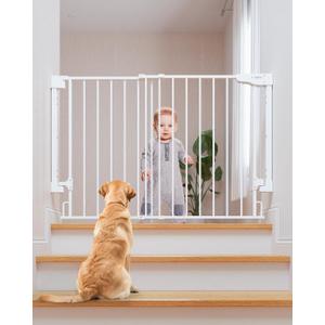 Cumbor No Bottom Bar Baby Gate for Stairs, 2-in-1 Auto Close Dog Gate Indoor, Hardware Mounted Pet Gate for Doorways with Large Walk Thru Door, Child-Proof Safety Gate for Kids (White) (29.2-43" W, 28" H, White)
