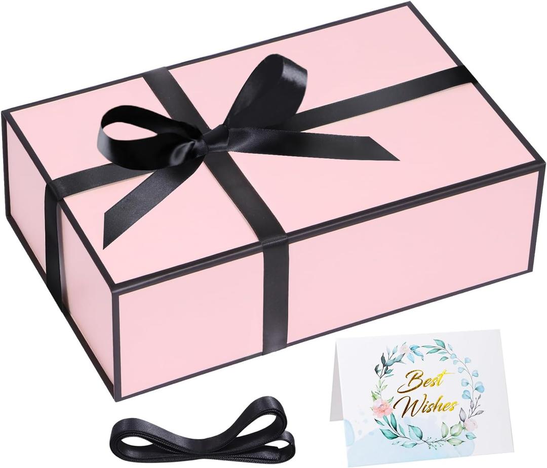 Gift Box with Lids Magnetic Closure for Presents, 9.5x6x3'' Pink Gift Box for Women Girl Her, Cut Box for Bridesmaid Gifts, Christmas, Mother's Day, Halloween, Birthday Wedding Gift box, Keepsake boxes for memories, Wine Gift Boxs with Card, Ribbon