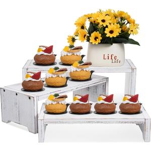3-Tier Wooden Cupcake Stand & Display Risers, Multi-Tier Display Stand for Food, Desserts, & Collections (White)