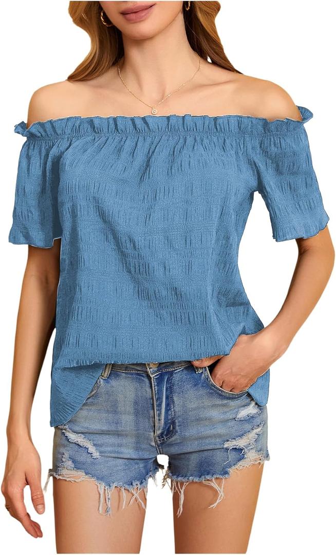 MakeMeChic Women's Summer Off Shoulder Tops Ruffle Short Sleeve Dressy Casual Blouse Top (Blue, M)