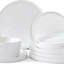UMINEUX Ceramic Dinnerware Set for 4, 12-Piece Plates and Bowls Set for Kitchen and Dining, Modern Dishes Set, Dishwasher & Microwave Safe, White