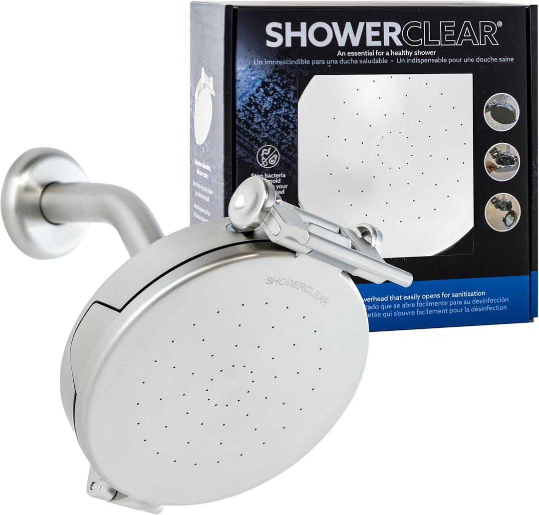 Shower Clear-The Worlds Only Cleanable Shower Head with Patented Open-Clean Design to Reduce Moisture and Buildup, High Pressure Flow, Universal Fit -Nickel (1.1 lbs, 5.5 inches)