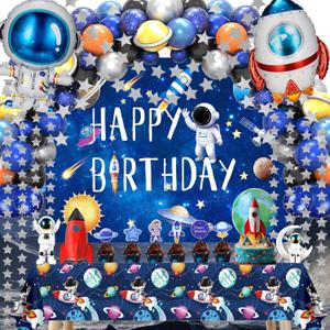 Outer Space Birthday Party Decorations 96PCS Set with Backdrop, Table Cover, Star Garland, Rocket & Astronaut Foil Balloons, Cake Topper, Latex Balloons for Kids Party