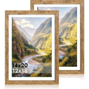 iRahmen 14x20 Picture Frame Set of 2, Brown Rustic Wood Poster Frame with Plexiglass, Display 12x18 Pictures with Mat or 14 x 20 Without Mat for Horizontal or Vertical Wall Mounting