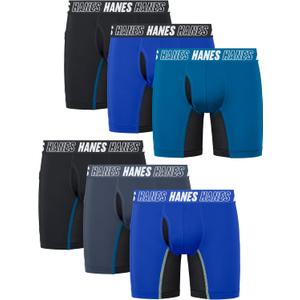 Hanes Boys' Moves Underwear Anti Chafe Boxer Briefs, 6-Pack (Medium, Black/Blue- Long Leg)