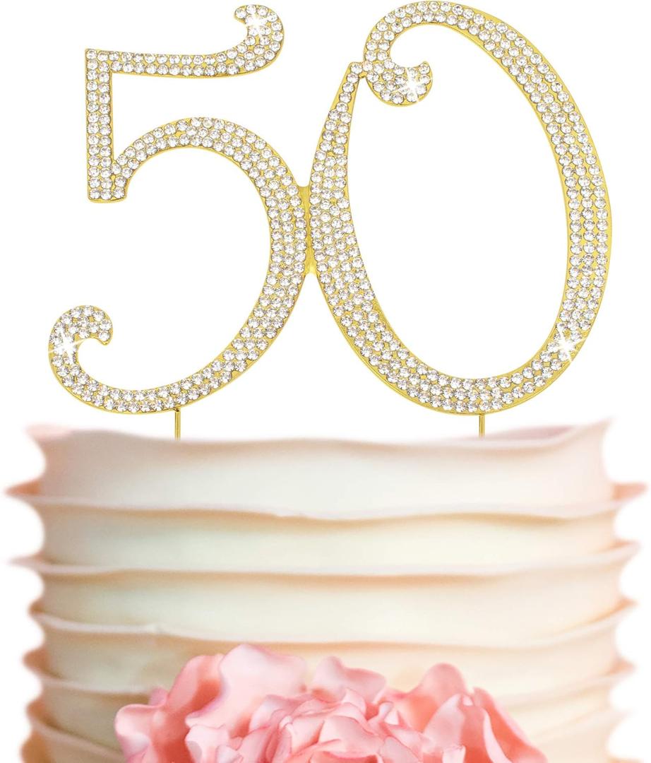 50 Cake Topper - Premium Gold Metal - 50th Birthday or Golden Anniversary Party Sparkly Rhinestone Decoration Makes a Great Centerpiece - Now Protected in a Box