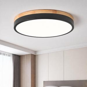 Modern Wood Black Flush Mount Ceiling Light, 11.81" Round LED Low Profile Close to Ceiling Fixture for Kitchen Bedroom Bathroom Laundry Hallway Entryway Closet Living Room