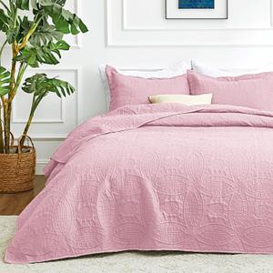 Love's cabin King Size Quilt Set Pink Bedspreads - Soft Bed Summer Lightweight Bedspread Comforter - Modern Style Coin Pattern Coverlet for All Season - 3 Pieces (1 Quilt, 2 Pillow Shams)