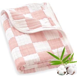 Muslin Swaddle Blankets Neutral, Baby Swaddling Wrap Nursery Blanket for Boys & Girls Unisex, Soft 70% Cotton and 30% Rayon, Large 43 x 43 inches Light Pink Chessboard (Coral)