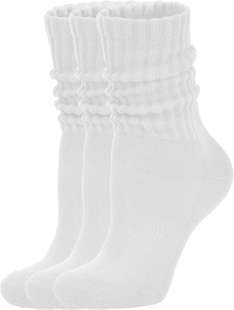 Women's Scrunch Crew Socks Retro 3-Pack Solid Cotton Boot Calf Socks Chunky Ribbed Cozy Slouchy Socks Size 5-11 (One Size, 3 Pack White)