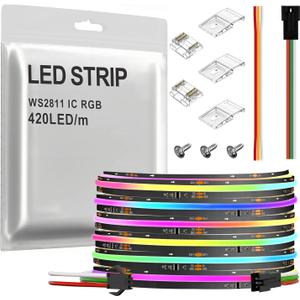 SPI COB RGB IC LED Strip Light FOB WS2811 High Density Uniform Light UL-Listed Dream Color Strip Light DC24V 16.4FT 2100LEDs Black PCB Chasing Color Strip Dimmable LED Tape for Bedroom Party Indoor