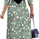 SUZONANA Plus Size Dresses for Women Floral Print Maxi Dress Flowy 3/4 Sleeve with Belt (Green, XXL)