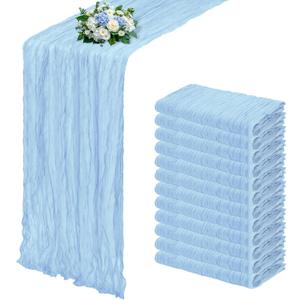 12 Pack Baby Blue Cheesecloth Table Runner 17x108 Inch Semi Sheer Boho Gauze Cheese Cloth Fabric Table Runners, for Wedding Party Baby Shower Birthday Home Decor Garden Farmhouse
