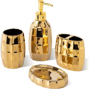 Bathroom Accessories Set, Golden Mosaic Ceramic Bathroom Accessory Sets Include Lotion Dispenser, Toothbrush Holder Tumbler, and Soap Dish (Gold 014)