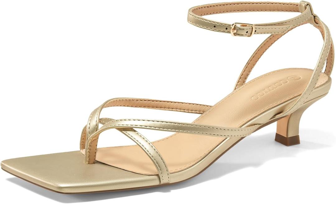Coutgo Womens Strappy Low Kitten Heels Sandals Open Square Toe Flip Flop Summer Dress Party Shoes (6, Gold)