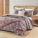 HORIMOTE HOME Boho Quilt Queen Size, Reversible Bohemian Style Twill Strip Floral Quilt Beddding Set, Colorful and Soft Bedspread Full Size Quilt Coverlet for All Season, 2 Pillow Shams (3 Pieces)