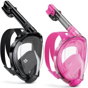 WSTOO Full Face Snorkel Mask, Dry Top Snorkeling Gear for Adults, 180 Panoramic Foldable Design with Camera Mount, Safe Mouth/Nose Breathing, Anti-Fog & Anti-Leak (Small-Medium, 2 Pack - All Black+Transparent/Pink)