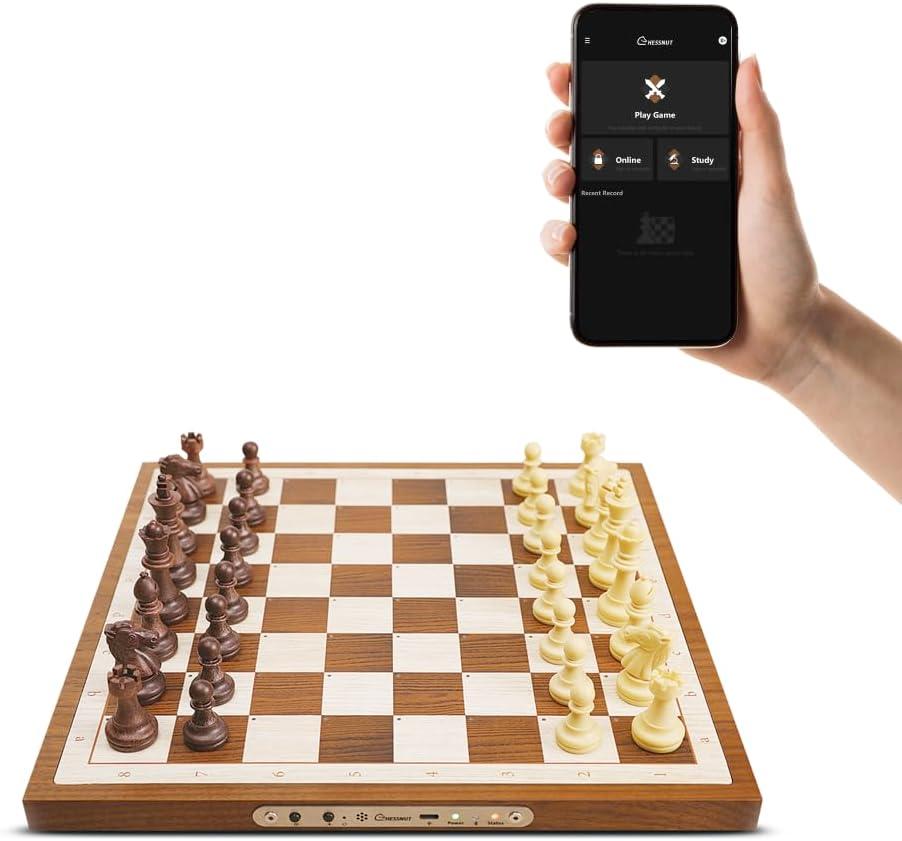 Chessnut Air Electronic Chess Board with AI Handcrafted Wooden Board, LED Indicators, Adaptive Difficulty, Full Piece Recognition Play Online on Major Chess Platforms