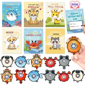 Valentines Day Cards for Kids School Classroom Exchange, 24 Pack Valentines Cards with Animal Fidget Spinner Toys Bulk, Boys Girls Valentines Cards Gifts for Classroom School Favors Prizes