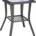 VINGLI Outdoor Side Table with Storage Wicker Patio Side Table, Tempered Glass Top End Table for Balcony Porch Deck (Grey), 18 inches x 18 inches x 22.6 inches