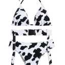 SHENHE Women's 3 Piece Cow Print Cut Out Tie Backless Halter Triangle Bikini Swimsuit Bathing Suit (Medium, Black)