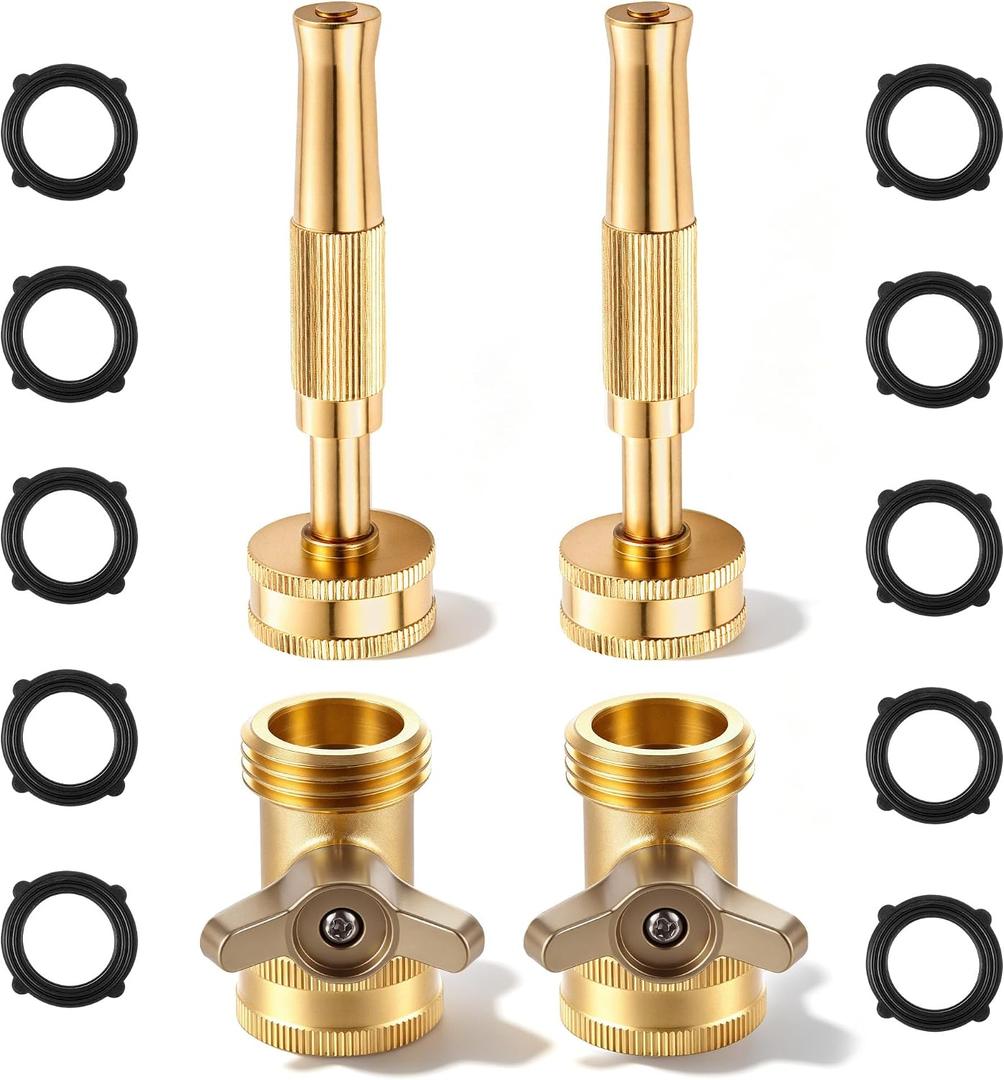 2 Set Garden Brass Hose Nozzle Kit, Heavy Duty Adjustable Dial Hoses Nozzle, Jet High Pressure Water Sprayer, Upgraded Wing Handle Hose Shut Off Valve, 3/4" GHT Connector, Extra 10 Rubber Washers, 3.35 inches , 1.77 inches