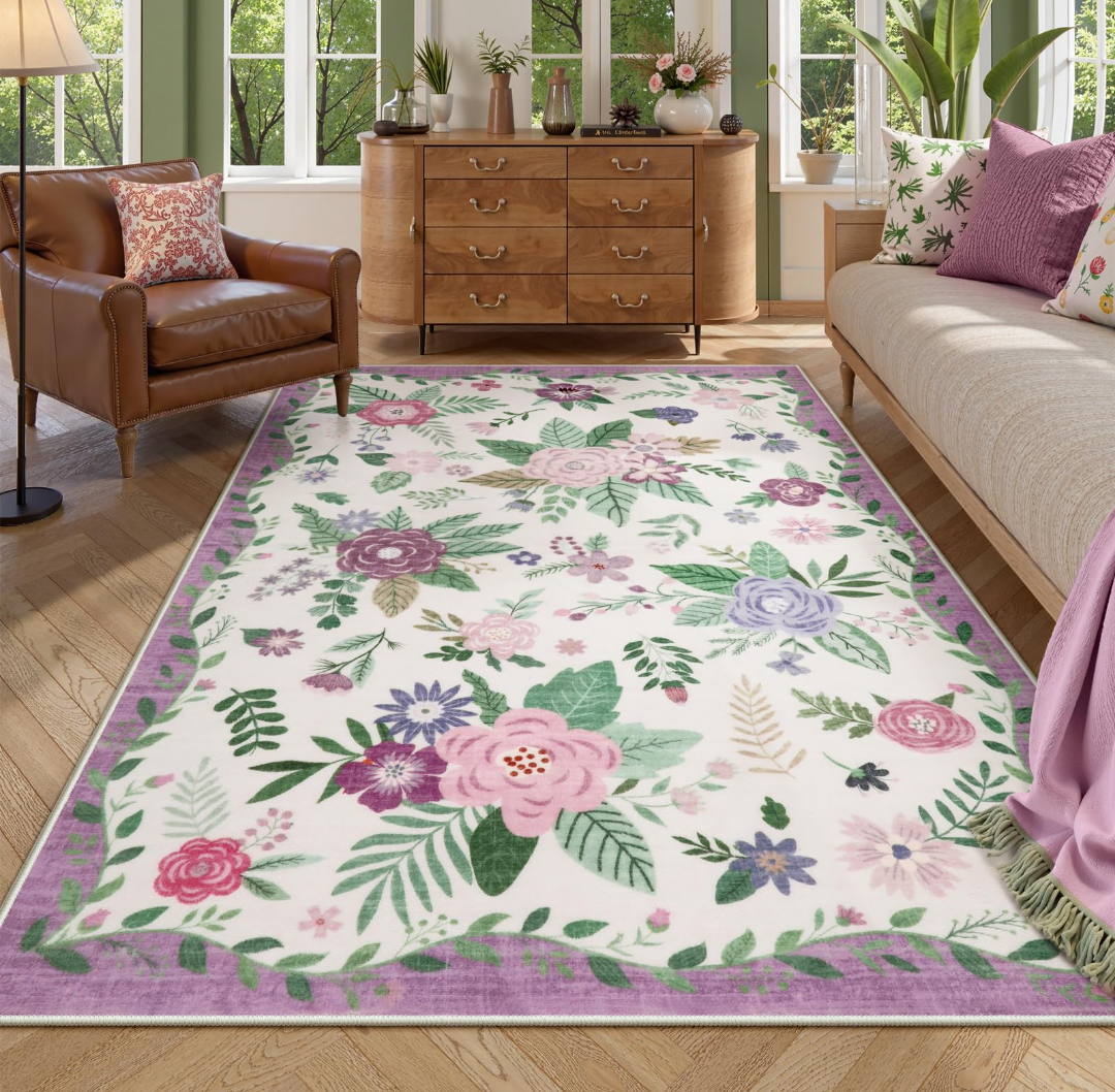Lahome Pink Rugs for Bedroom 5x7 Feet, Scalloped Floral Border Area Rug for Bedroom, Non-Shedding Flirty Room Decor, Floor Mat for Living Room