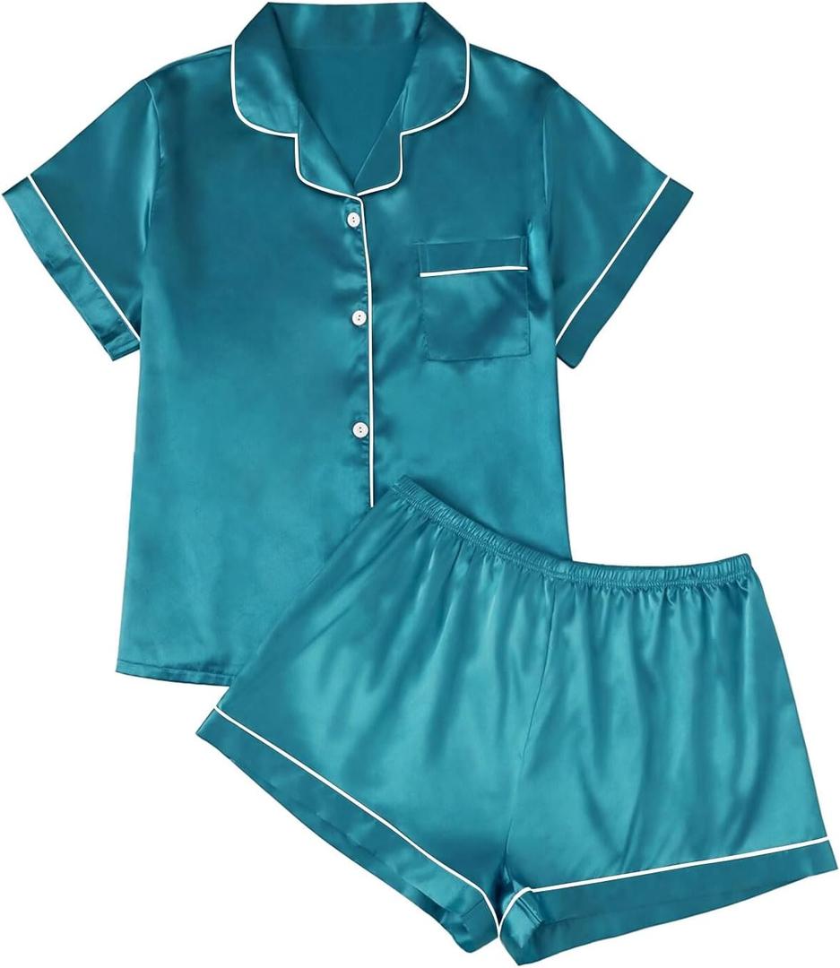 LILLUSORY Silk Satin Pajama Set for Women 2 Piece Lounge Pjs Shorts Matching Summer Sleepwear Button Down Shirt Shorts (XX-Large, Lakeblue)