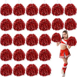 VAIPI 24 PCS Pom Poms Cheerleading Metallic Foil Cheer Pompoms with Plastic Handle for Cheerleader Squad Spirit Sports Tournament, Cheering Party,Homecoming Game,Pep Rally,Parade (Red)