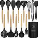 Silicone Cooking Utensils Set Utensil Sets - 446F Heat Resistant Silicone Kitchen Utensils Set Wooden Handles, Silicone Utensils for Cooking w Holder for Non-Stick Cookware BPA FREE (Black)