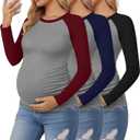 3 Pack Women's Maternity Shirts, Pregnancy Raglan Long Sleeve Tops Sides Ruched Crew Neck Color Block Mama Clothes (X-Large, Light Gray/Black, Light Gray/Navy, Light Gray/Wine Red)