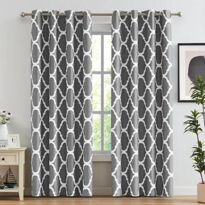 Melodieux Moroccan Printed Room Darkening Blackout Grommet Curtains for Living Room Bedroom, 52 by 72 Inch, Grey (2 Panels)