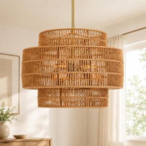 20" Boho Rattan Chandelier, Gold Woven Pendant Light for Dining Bedroom
