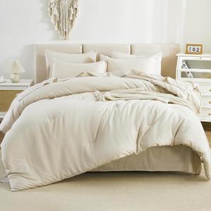 Litanika Super King Comforter Sets Beige - 7 Pieces Bed in a Bag Oversized King Bedding Comforter Sets, Solid Lightweight Bed Set with Comforter, Sheets, Pillowcases & Shams