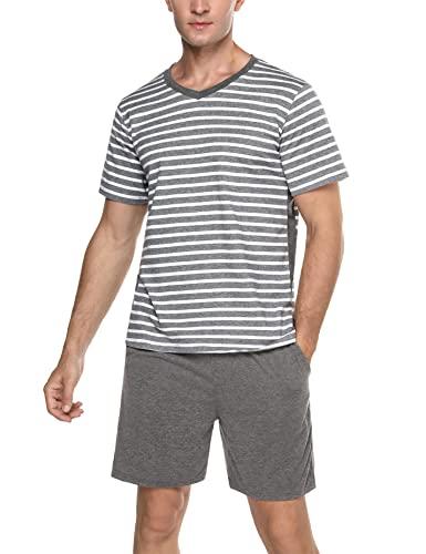 Marvmys Mens Striped Cotton Sleepwear 2 Piece Short Sleeve Pajamas 2 Piece Lounge Set, XL