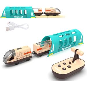 Electric Train for Wooden Track, Remote Control Train Toy, Motorized Train and Tunnel with Voice & Lights Effect, Battery Operated Locomotive Train Set Compatible with Thomas, Brio, Chuggington