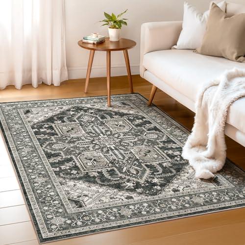 WITSHOCK Living Room Area Rugs 4x6: Washable Rug Boho Soft Non-Slip Low Pile Stain Resistant Foldable Carpet for Bedroom Playroom Dining Room Office Kitchen Farmhouse Home Decor Rug-Bitter Black