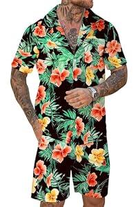 Men's Vacation Beach Outfits 2 Piece Shorts Set Tropical Floral Hawaiian Button Down Shirt and Shorts, Large